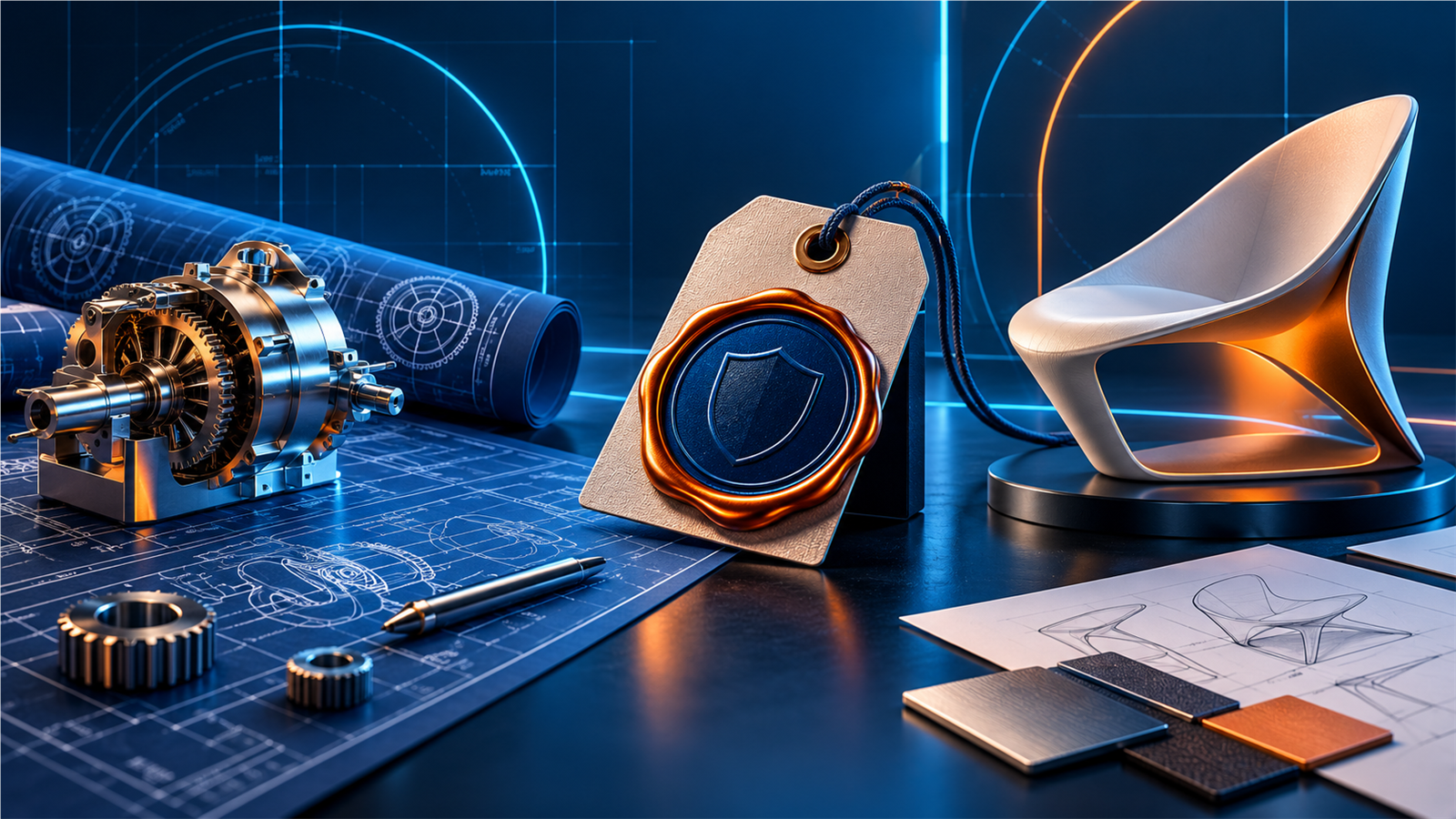 Brevetti, marchi e design industriale rappresentati da un prototipo meccanico, un simbolo di registrazione e un oggetto di design.